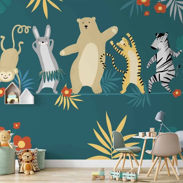 Carta da parati Animali ballerini - scimmia, coniglio, tigre e zebra su sfondo scuro