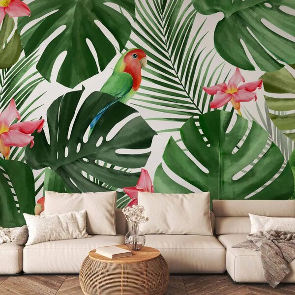 Carta da parati moderna Monstera - Foglie Esotiche Verdi e Colorati Pappagalli tra Fiori