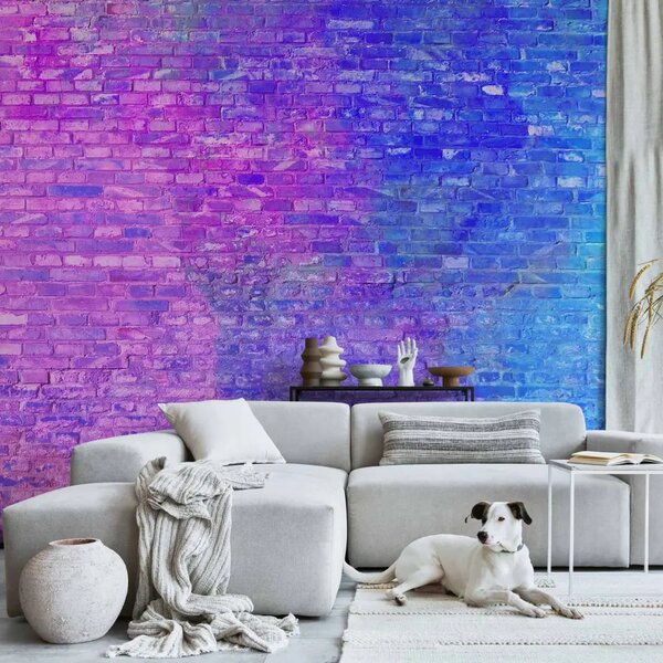 Carta da parati moderna Muro Colorato - Parete Neon di Mattoni nei Tonalità Blu e Viola