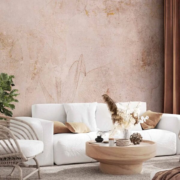 Carta da parati moderna Fiori su Sfondo Beige - Grafica Astratta con Disegni Dorati