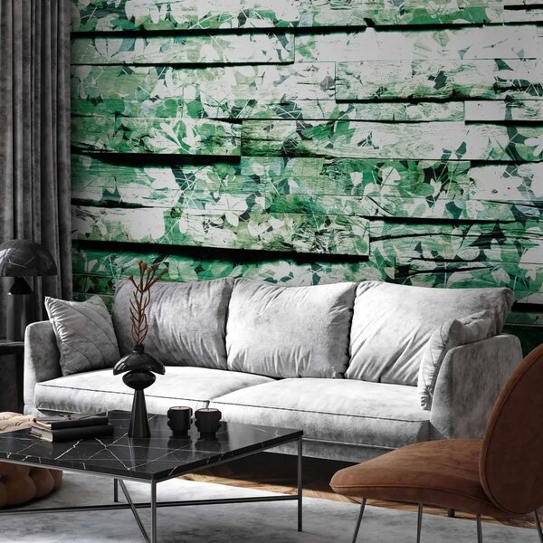 Carta da parati moderna Liste Decorate - Motivo Vegetale con Foglie Verdi su Legno