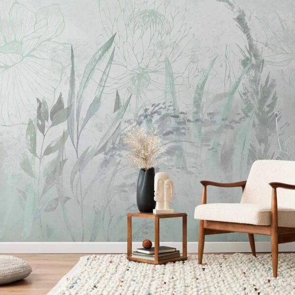 Carta da parati moderna Giardino in Stile Boho - Fiori Leggeri, Piante ed Erba