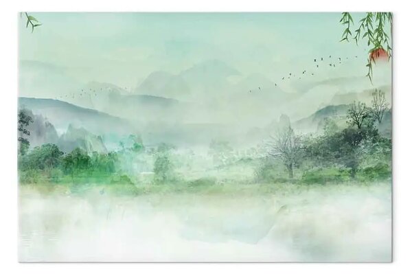 Quadro moderno Terra nebbiosa - paesaggio verde con vista foresta e monti