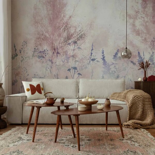 Carta da parati moderna Alba rosa - delicato paesaggio di piante in tonalità grigio-azzurre
