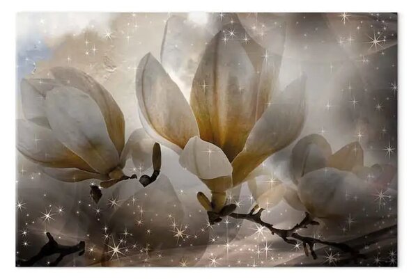 Quadro Magnolia in seppia - albero in fiore tra scintille di stelle