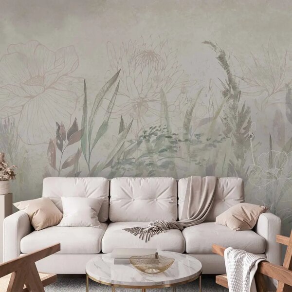 Carta da parati Giardino in stile bohémien - fiori ed erbe ariose in grigio e verde