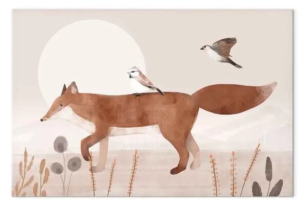 Quadro contemporaneo Volpe errante e uccelli - illustrazione beige per bambini