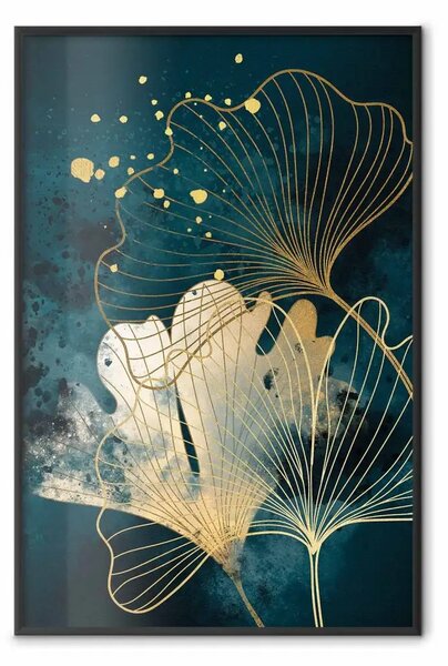 Poster: Natura in astrazione - foglie di ginkgo dorate e acquerelli turchesi