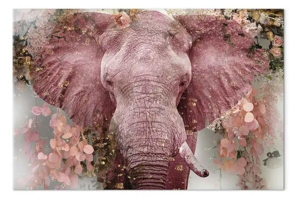 Quadro su tela Elefante rosa - re della savana tra fiori e petali d'oro