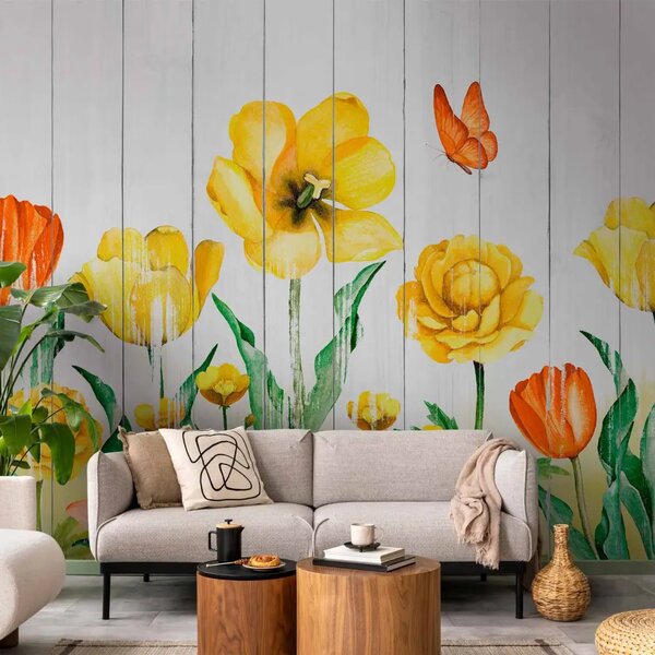 Carta da parati Tulipani nel prato - fiori gialli su sfondo di assi di legno bianco