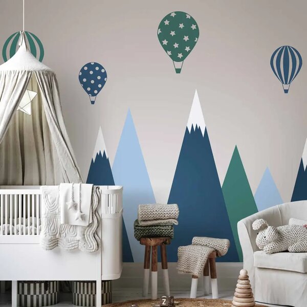 Carta da parati Paesaggio infantile - grafica con palloncini sopra montagne blu-verdi