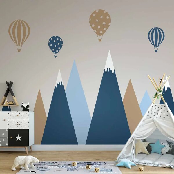 Carta da parati Paesaggio infantile - grafica con palloncini sopra montagne blu-beige