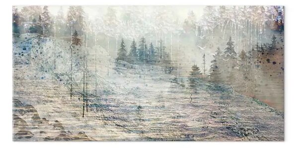 Quadro moderno Paesaggio astratto - bosco e montagne rocciose in argento
