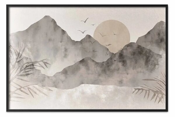 Poster: Paesaggio wabi-sabi - alba e montagne rocciose in stile giapponese