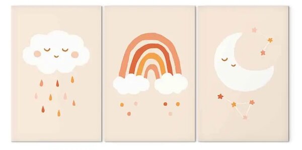 Quadro contemporaneo Cielo dei bambini (3 parti) - nuvole pastello e luna per bambini