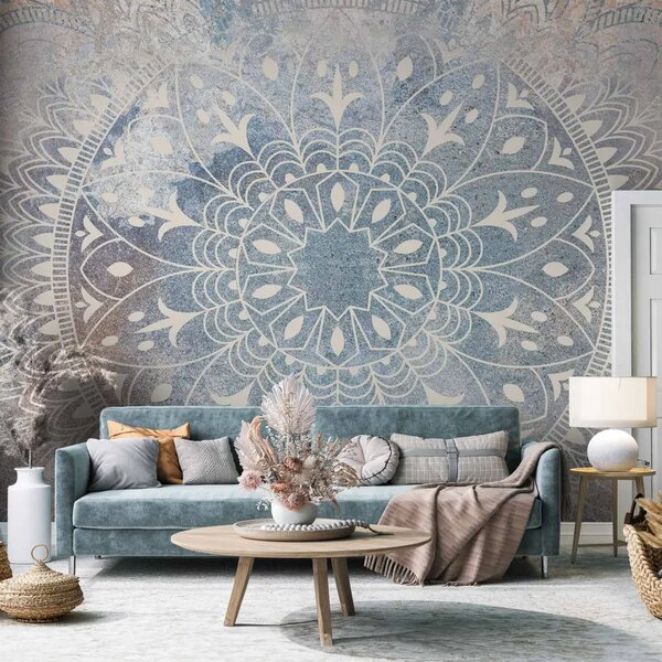 Carta da parati Mandala - ornamento color crema chiaro su sfondo blu