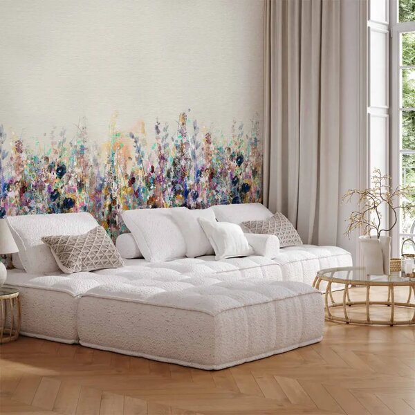 Carta da parati Prato giallo - paesaggio dipinto di fiori di campo in stile boho