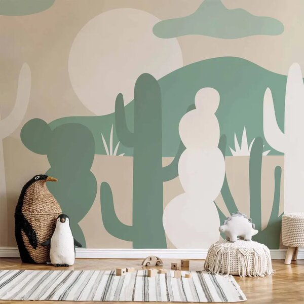 Carta da parati moderna Cactus del deserto - paesaggio minimalista in sabbia e colore verde