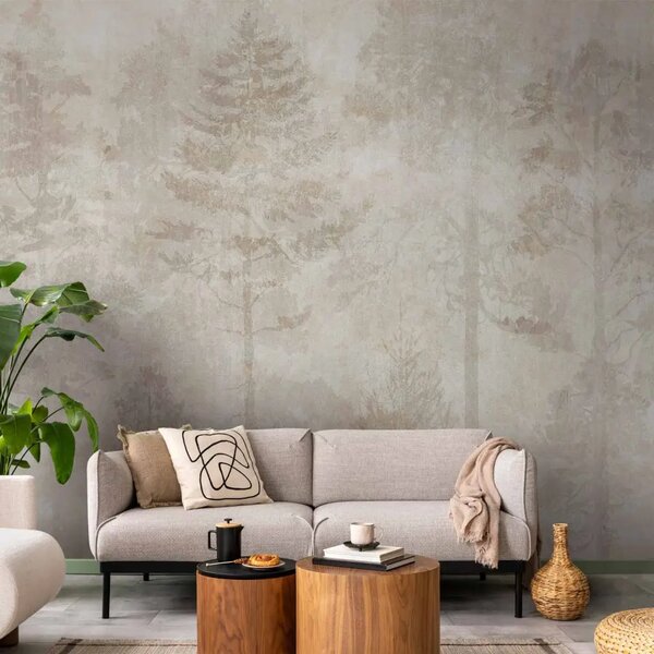 Carta da parati moderna Foresta addormentata - grafica con alberi su sfondo beige