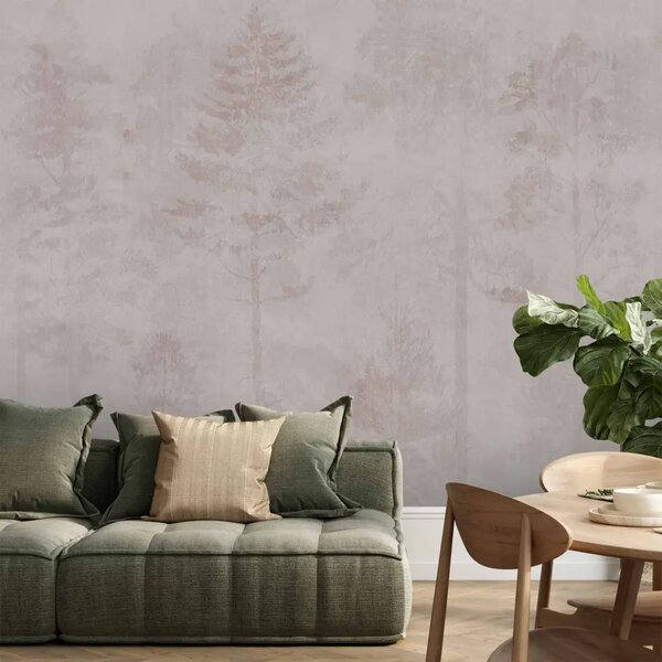Carta da parati moderna Foresta assonnata - grafica con alberi su sfondo beige e rosa