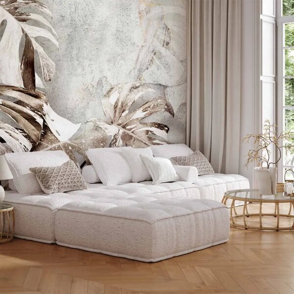Carta da parati moderna Monstera - foglie decorative color seppia su uno sfondo di marmo