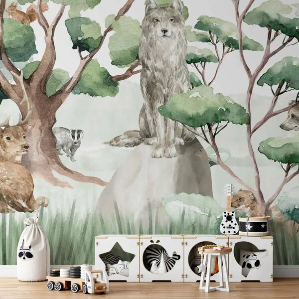 Carta da parati Animali nella foresta - lupo, cervo, orso, scoiattolo dipinti