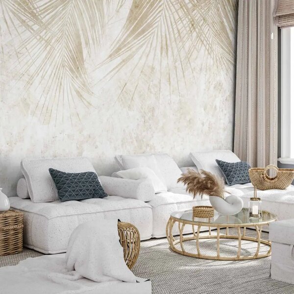 Carta da parati moderna Ramoscelli in stile boho - foglie di palma tropicale beige