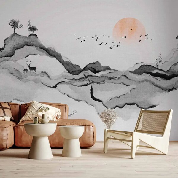 Carta da parati Montagne beige acquerello - paesaggio giapponese
