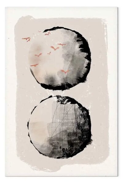 Quadro Due lune - astrazione giapponese con due cerchi e uccelli
