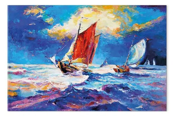 Quadro su tela Barche a vela colorate - paesaggio dipinto con barche su onde agitate