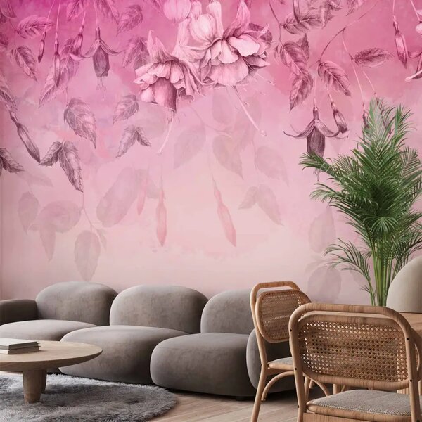 Carta da parati Fiori fucsia - acquerello con fitte piante e foglie rosa
