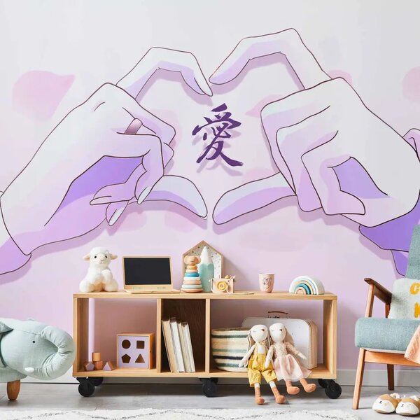 Carta da parati moderna Love anime - grafica con cuore di palma viola disegnata in stile manga