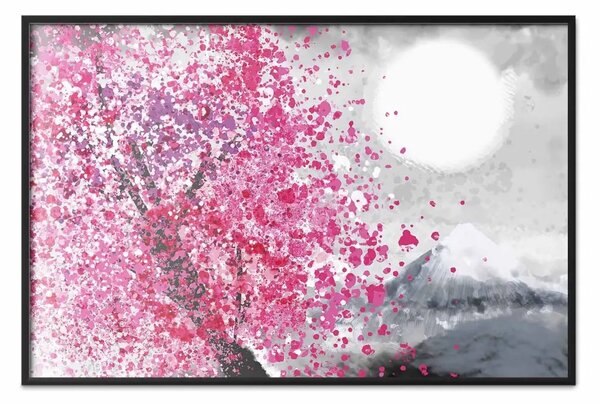 Poster: Vedute giapponesi - paesaggio con il monte Fuji e un albero rosa