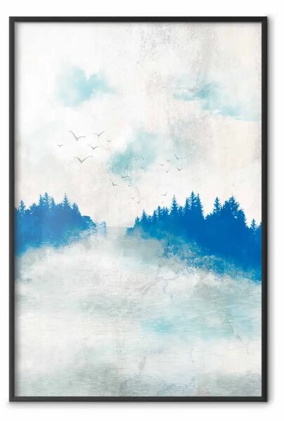 Poster: Foresta blu - delicato paesaggio nebbioso nei toni del blu