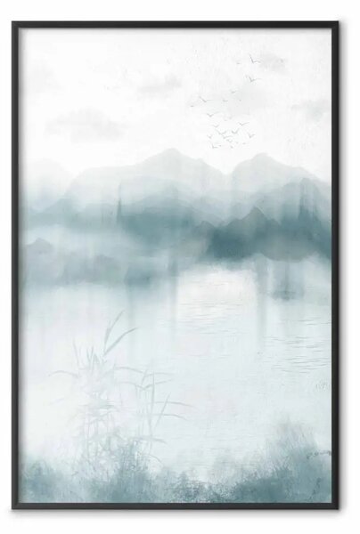 Poster: Montagne blu - un paesaggio nebbioso dai toni rilassanti