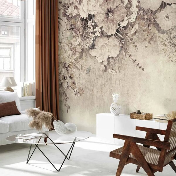 Carta da parati moderna Fioritura - disegno di diverse specie di fiori sul muro - beige