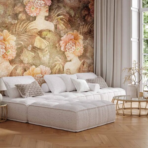 Carta da parati Fiori tra i capelli - figura femminile con fiori e foglie pastello