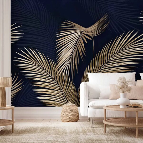 Carta da parati moderna Palme dorate - grafica con foglie gialle su sfondo blu scuro