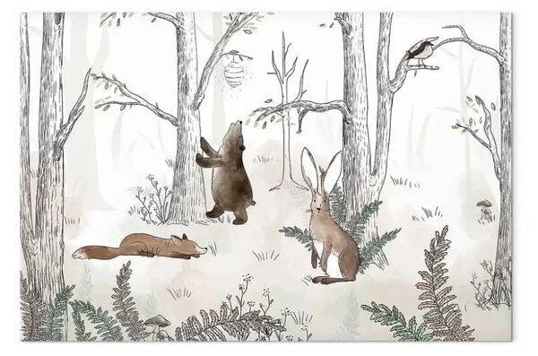Quadro su tela Foresta disegnata - acquerello di animali della foresta con felci