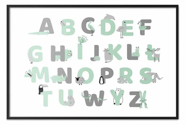 Poster: Alfabeto polacco per bambini - lettere grigie e menta con animali