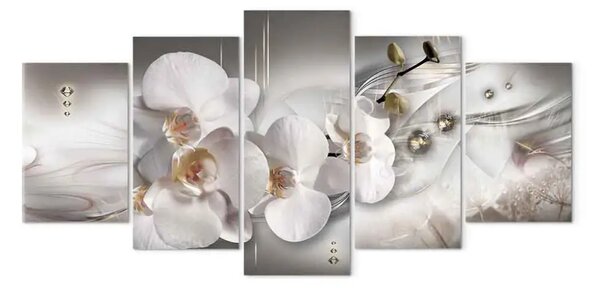 Quadro moderno Orchidea bianca - composizione di fiori bianchi con perle e diamanti