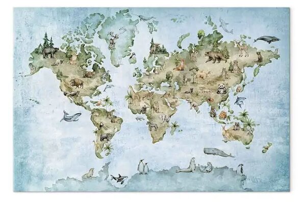 Quadro contemporaneo Mappa per bambini - continenti con animali nei colori della natura