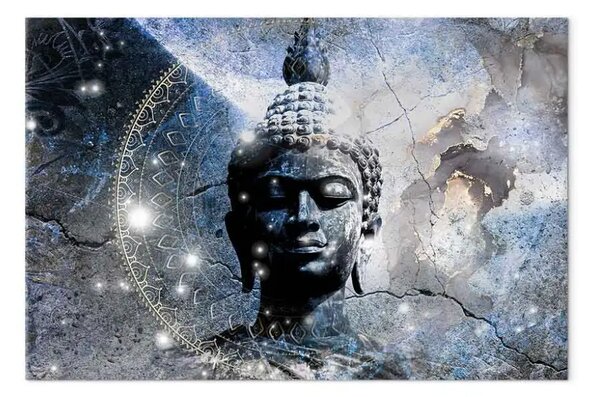 Quadro contemporaneo Buddha illuminato - statua in tonalità blu con mandala