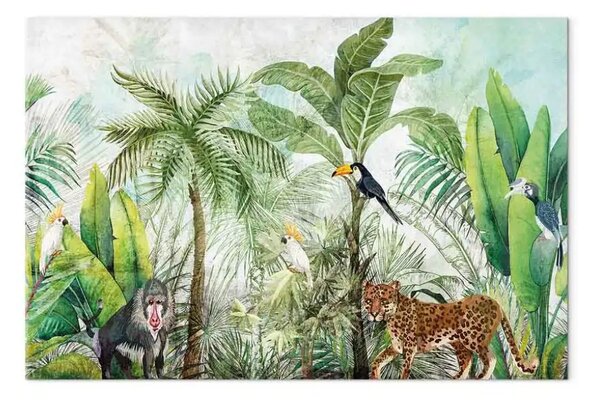 Quadro contemporaneo Wilderness - palme alte e animali in una giungla tropicale