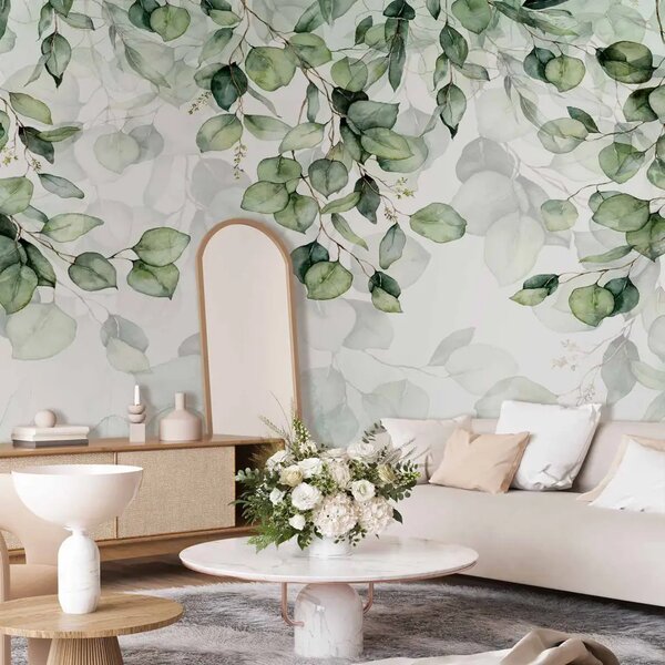 Carta da parati Foglie decorative - motivo floreale in verde chiaro su sfondo bianco