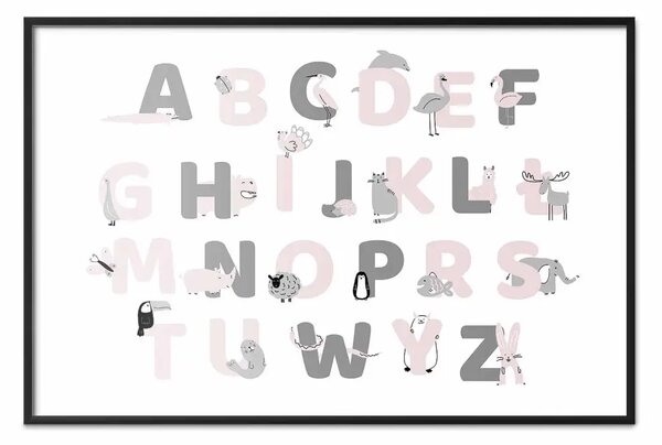 Poster: Alfabeto polacco per bambini - lettere grigie e rosa con animali