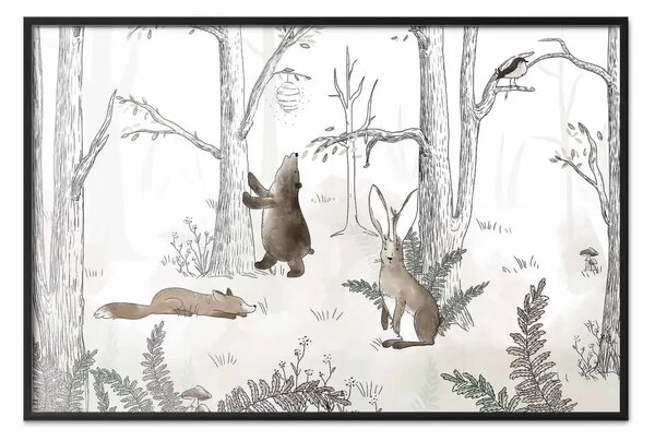 Poster: Animali della foresta - foresta disegnata con felci ad acquerello
