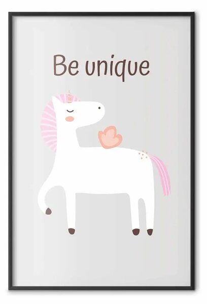 Poster: Sii unico - unicorno allegro e slogan motivazionale per bambini