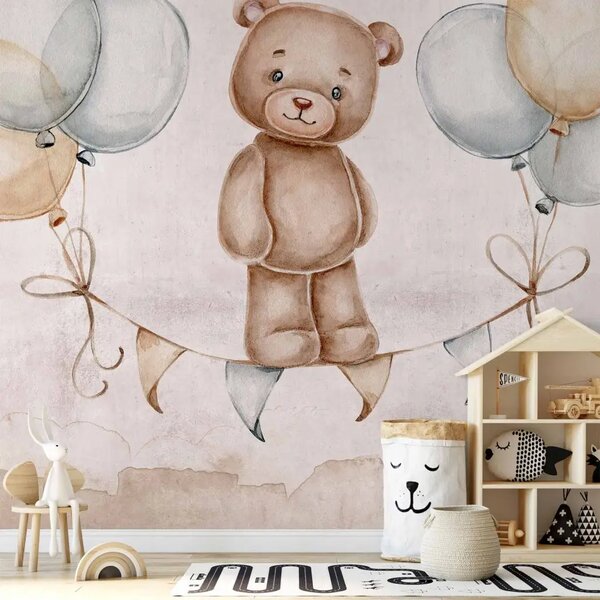 Carta da parati Orso acrobata per bambini - animale sospeso su palloncini