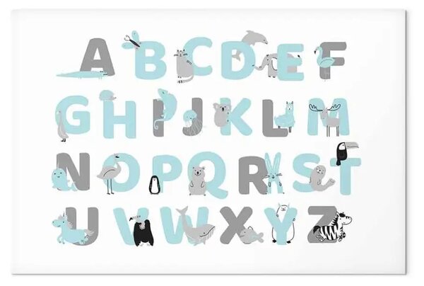 Quadro su tela Alfabeto inglese per bambini - lettere blu e grigie con animali
